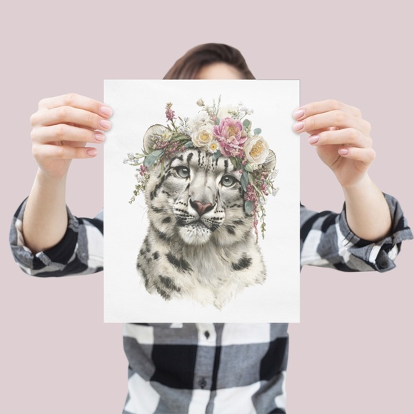 Watercolor Snow Leopard Portrait Wall Art Print, Unframed - Majestic Wilderness - Picture 4 of 7